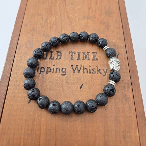 Black 8mm Lava Stone Bracelet with Buddha Bead - Picture 4 of 7